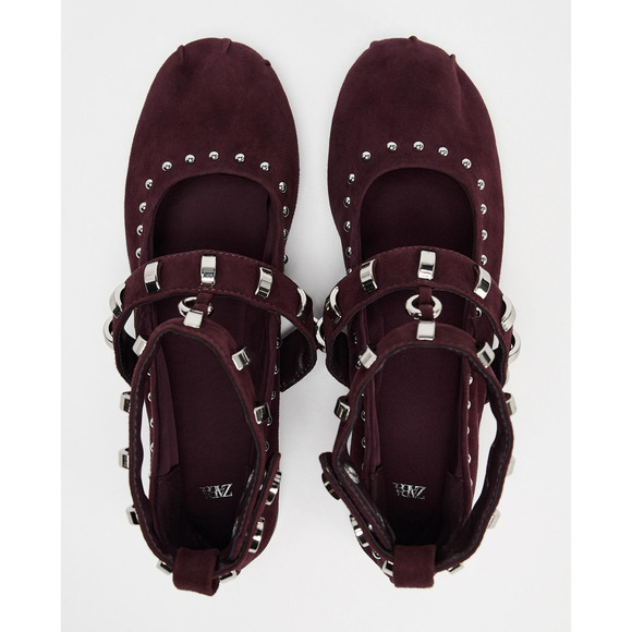 🍷 ZARA Leather Studded Ballet Flats NWT | Burgundy Suede Buckle Strap 7.5–8 - Picture 16 of 16